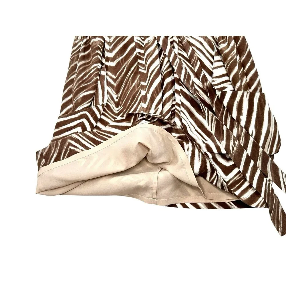 BCBGMAXAZRIA Silk Zebra Mini Dress XS Brown Ivory Belted Ruched Sleeve Pockets